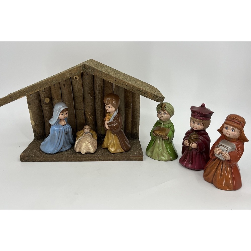 Vintage Ceramic Nativity Figurine Set with Creche Hand Painted 6 Pieces